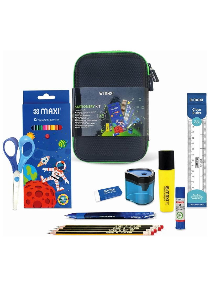 Maxi 24-Piece School Stationery Kit Double Zipper Pencil Case Black - Image 2