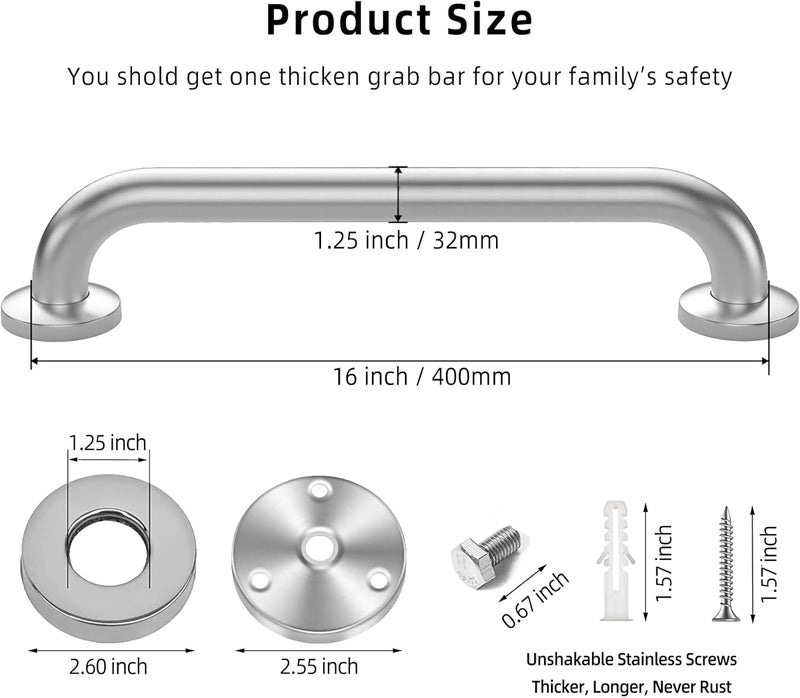 Supwish Shower Grab Bars Brushed Nickel, Stainless Steel Handicap Shower Handle Safety Bars Wall Mounted for Elderly Pregnant Children (2 Pack(Len 40cm, Tube 3.2cm); Brushed Nickel) - Image 2