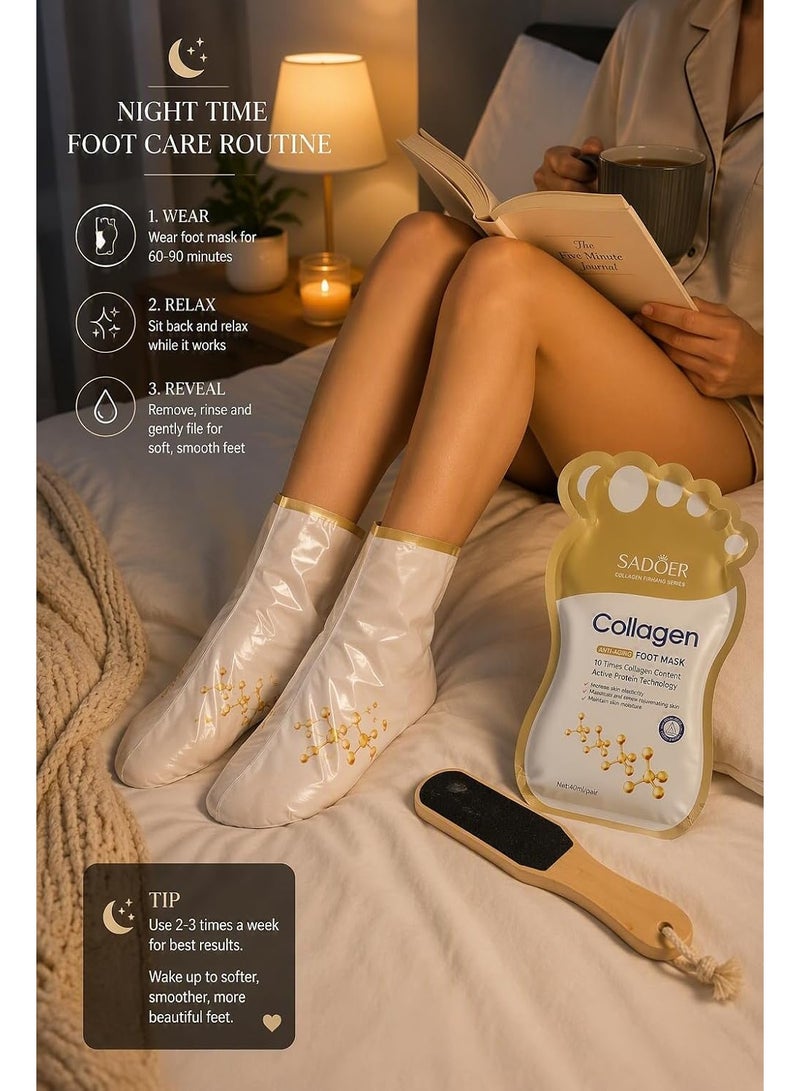 SADOER Collagen Foot Mask Pack of 5 with Wooden Foot File for Dead Skin and Scale Removal, Home Spa Pedicure Set for Dry Cracked Heels - Image 4