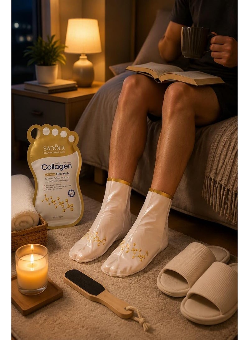 SADOER Collagen Foot Mask Pack of 5 with Wooden Foot File for Dead Skin and Scale Removal, Home Spa Pedicure Set for Dry Cracked Heels - Image 3