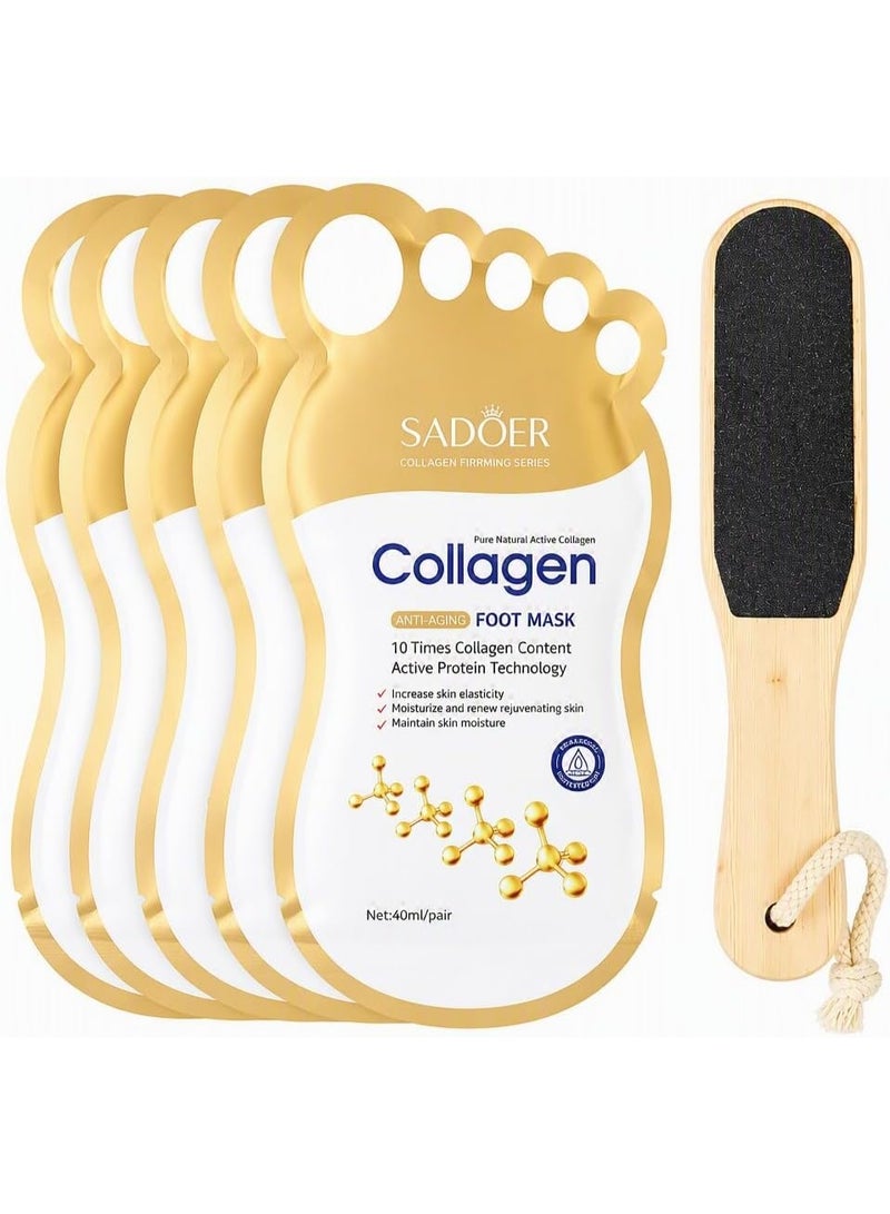SADOER Collagen Foot Mask Pack of 5 with Wooden Foot File for Dead Skin and Scale Removal, Home Spa Pedicure Set for Dry Cracked Heels - Image 1
