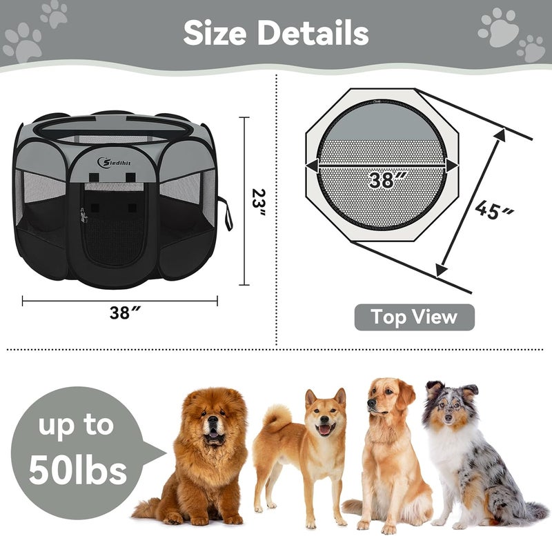 Siedihit Pink Puppy Playpen for Middle Dog Cat, DogsTent Crates Cage Indoor/Outdoor, Portable Pop Up Dog Kennel with Carrying Bag for Rabbits, Removable Top (Dark Grey, Large (45" x 45" x 23")) - Image 3