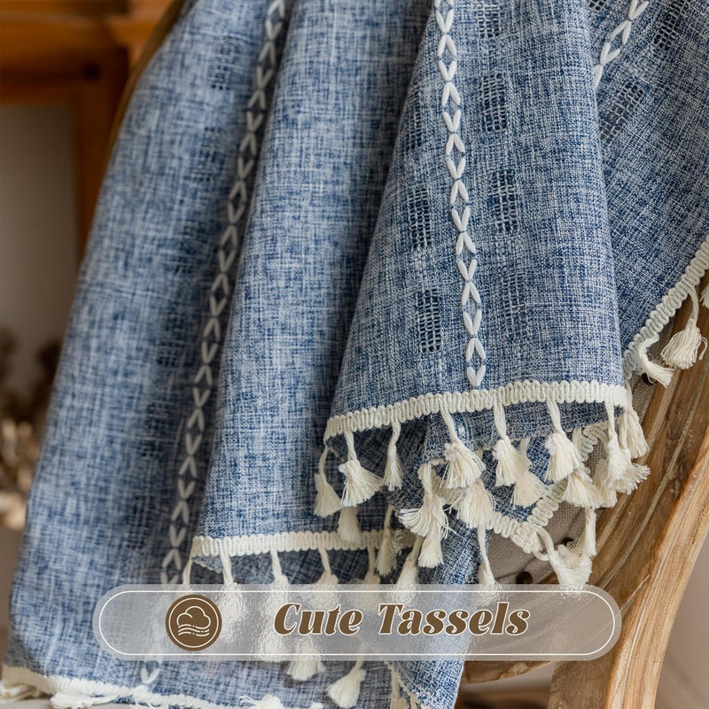 BCLBUSTE Boho Curtains 84 inch Long 2 Panels for Living Room Bedroom, Denim Blue Rustic Embroidered Striped Semi Sheer Linen Tassel Farmhouse Light Filtering Privacy Drapes Vintage Country Decor,W52xL84 - Image 5