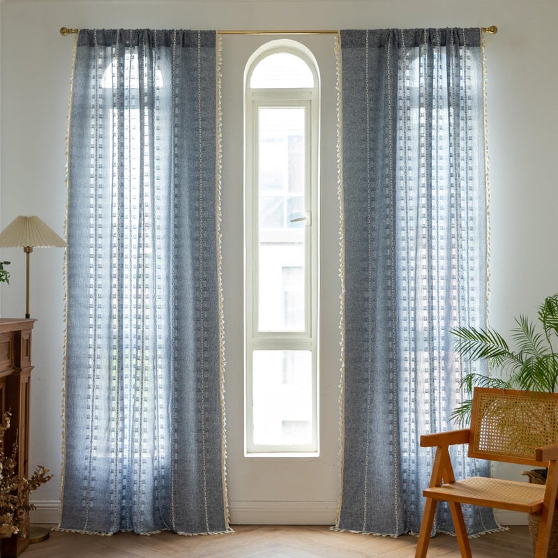 BCLBUSTE Boho Curtains 84 inch Long 2 Panels for Living Room Bedroom, Denim Blue Rustic Embroidered Striped Semi Sheer Linen Tassel Farmhouse Light Filtering Privacy Drapes Vintage Country Decor,W52xL84 - Image 3