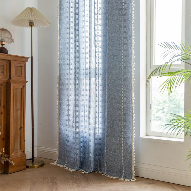 BCLBUSTE Boho Curtains 84 inch Long 2 Panels for Living Room Bedroom, Denim Blue Rustic Embroidered Striped Semi Sheer Linen Tassel Farmhouse Light Filtering Privacy Drapes Vintage Country Decor,W52xL84 - Image 2