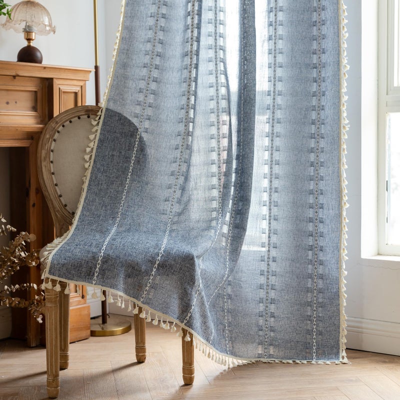 BCLBUSTE Boho Curtains 84 inch Long 2 Panels for Living Room Bedroom, Denim Blue Rustic Embroidered Striped Semi Sheer Linen Tassel Farmhouse Light Filtering Privacy Drapes Vintage Country Decor,W52xL84 - Image 1