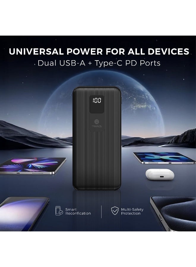 تراندز بنك طاقة سعة 20000 مللي أمبير PB6375 - شحن سريع 22.5 واط USB-A وPD 20 واط USB-C، شاشة رقمية LED، شاحن متنقل نحيف ليثيوم بوليمر لأجهزة الآيفون والأندرويد والأجهزة اللوحية - Image 3