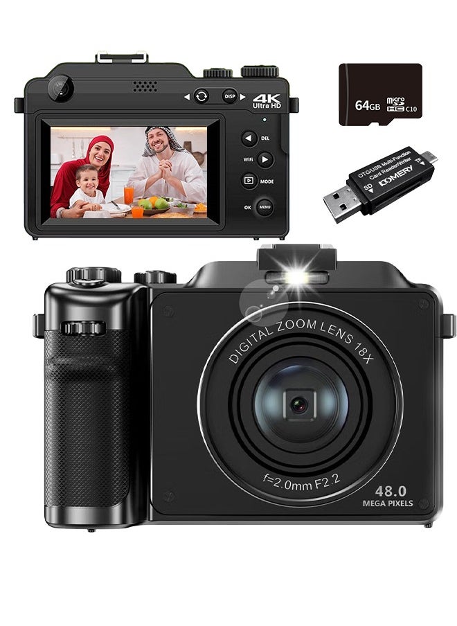 IqwiCam - 4K Digital Camera for Photography, 64GB TF Card, 48MP Auto focus Vlogging Camera for YouTube with 3'' 180°Flip Screen, 16X Digital Zoom Anti-Shake Compact Travel Camera - Image 1