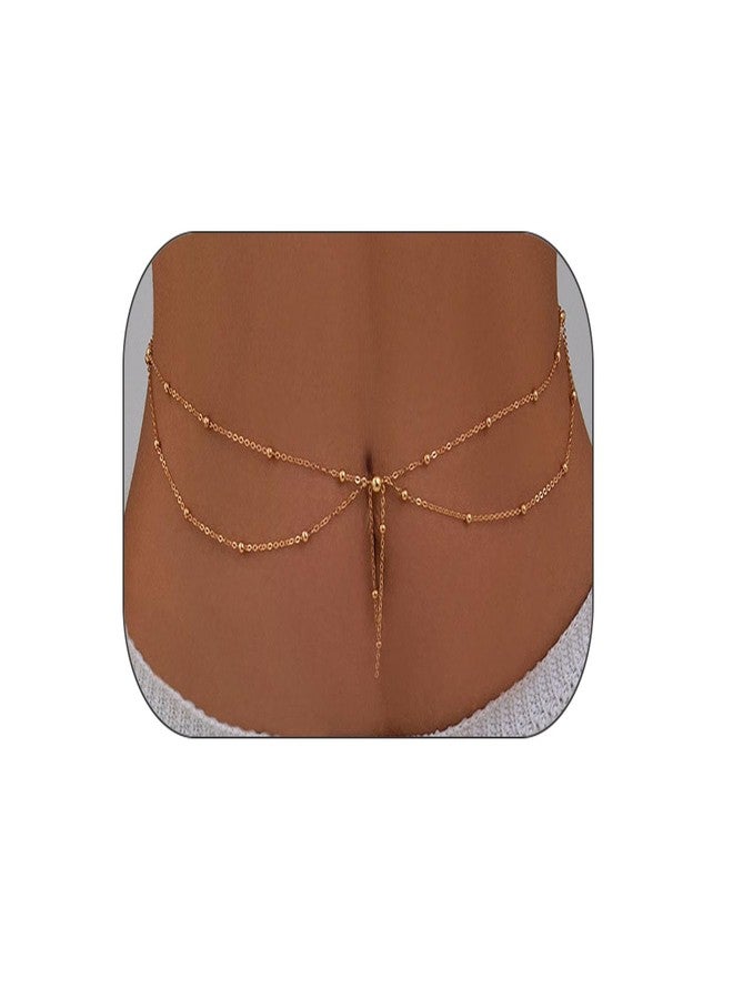 RECTYO GALLERY 1 Pcs Premium Sexy Beach Waist Chain for Women Double-Layer Tassel Beads Body Chain Summer Waterproof Belly Buttom Ring with Belly Chain Adjustable Rhinestone Bikini Drop Chain for Women Swimsuit Jewelry - Image 1