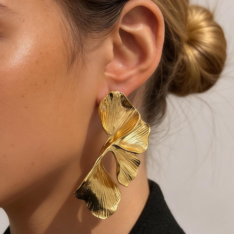 HTH Gold Flower Earrings for Women Big Boho Chunky Flora Leaf Statement Stud Earrings(Gold) - Image 2