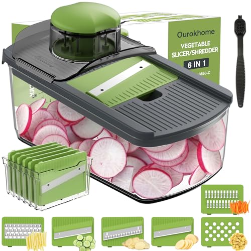 Ourokhome Mandolin Slicer for Kitchen Food, Hand Safe Vegetable Shredder with 6 Mandoline Blades, Veggie Waffle Cutter for Potato, Carrot, Zucchini, Onion, Essential Kitchen Gadgets (6 in 1, Gray) - Image 1