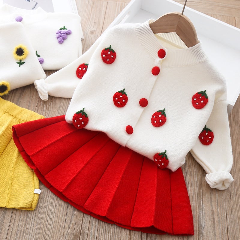 Girls fashionable suit Western style cute 2024 spring new baby clothes knitted sweater pleated skirt two-piece set Red