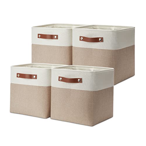 DULLEMELO 11 inch Cube Storage Bins, Large Collapsible Grey Storage Baskets for Square Cubes Organizing, Fabric Boxes Bins for Shelves Nursery Home Office Storage(4 Pack - 11" White&Khaki) - Image 1