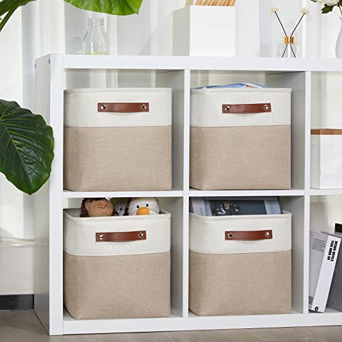 DULLEMELO 11 inch Cube Storage Bins, Large Collapsible Grey Storage Baskets for Square Cubes Organizing, Fabric Boxes Bins for Shelves Nursery Home Office Storage(4 Pack - 11" White&Khaki) - Image 3