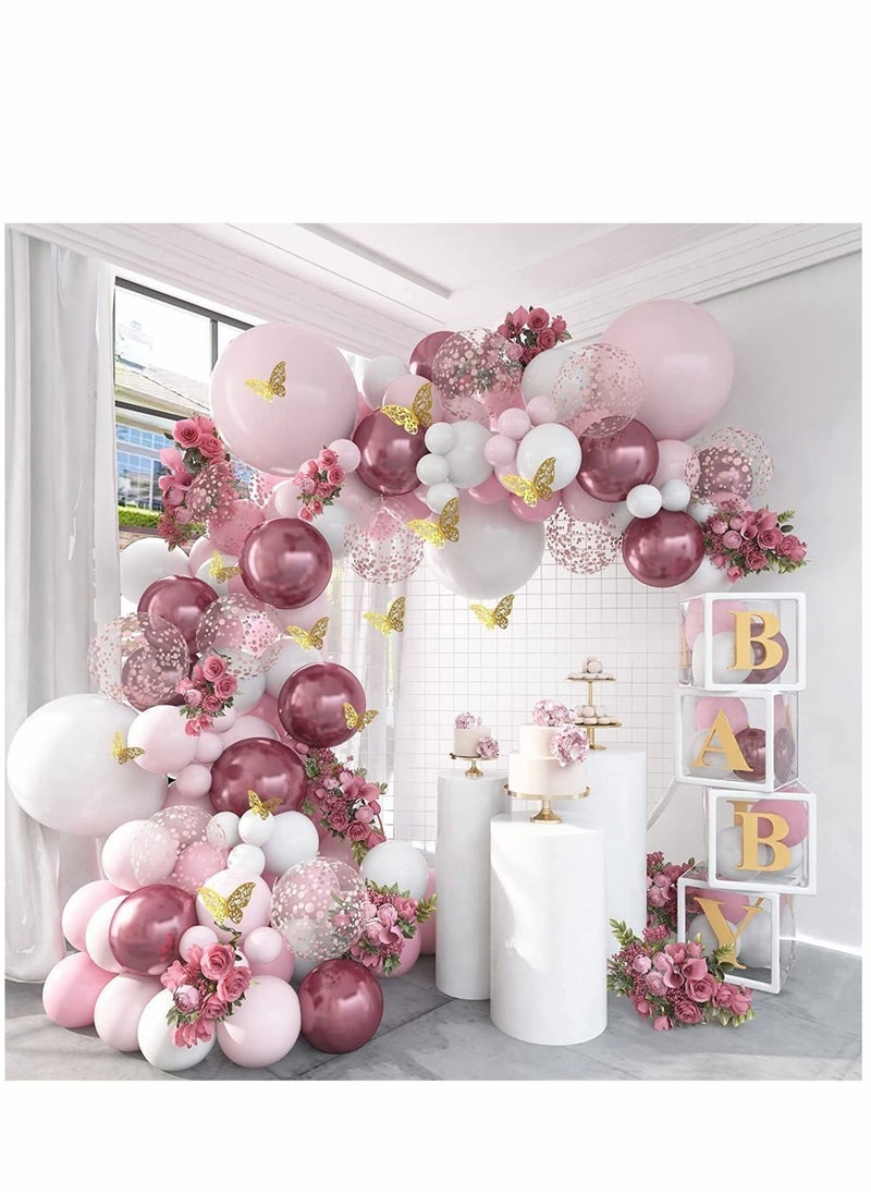 MIXDE Baby Shower Decorations for Girl 140 Pcs Pink Balloon Garland Metallic Pink White Balloon Arch Kit Butterfly Stickers Rose Gold Confetti Balloons for Bridal Shower Birthday Party Decorations - Image 1