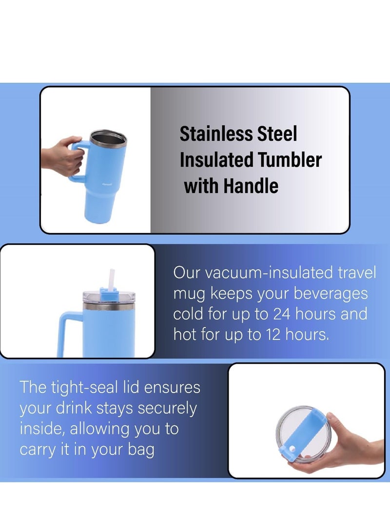 1200ml Stainless Steel Tumbler with Handle Lid & Straw - Vacuum Insulated Water Bottle Travel Coffee Mug Keeps Drinks Hot and Cold - Ideal for Office Home Camping and Outdoor (Sky Blue)