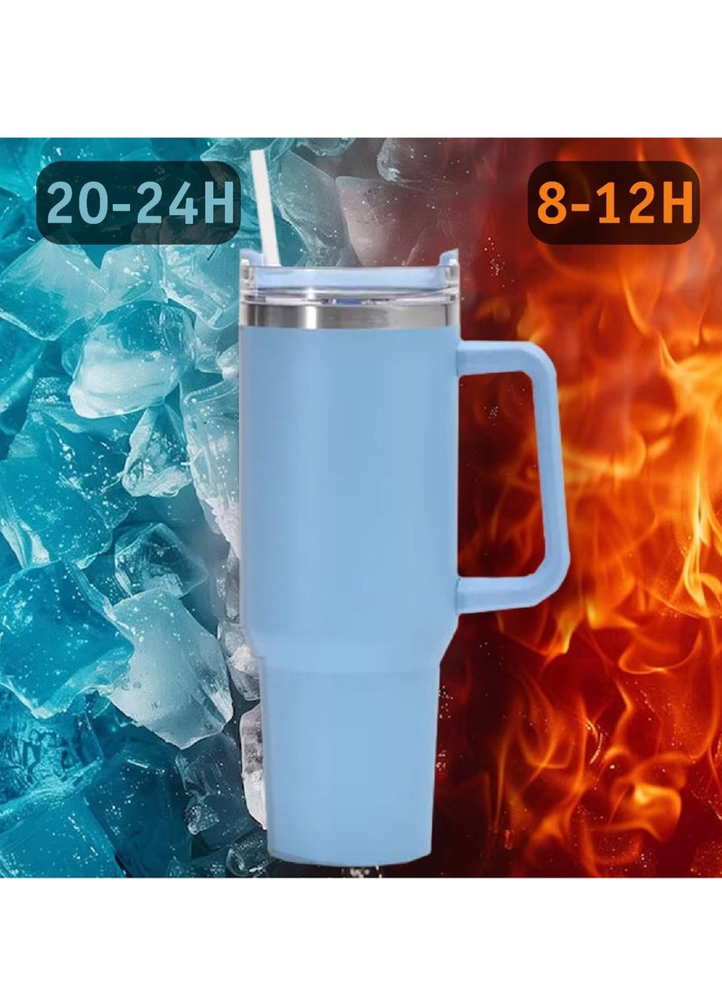 1200ml Stainless Steel Tumbler with Handle Lid & Straw - Vacuum Insulated Water Bottle Travel Coffee Mug Keeps Drinks Hot and Cold - Ideal for Office Home Camping and Outdoor (Sky Blue)
