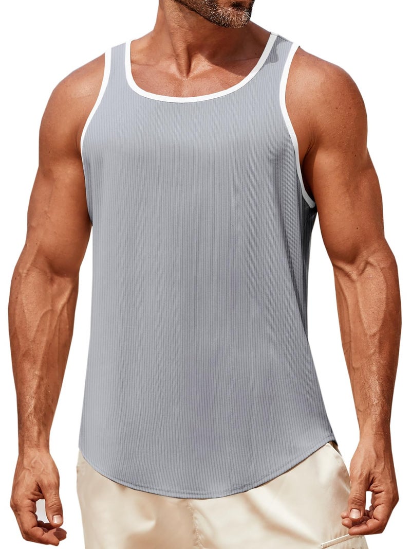 Runcati Mens Sleeveless Tank Tops Workout Muscle Gym Knitted Shirt Athletic Bodybuilding Slim Fit Ribbed T Shirts Gray - Image 1