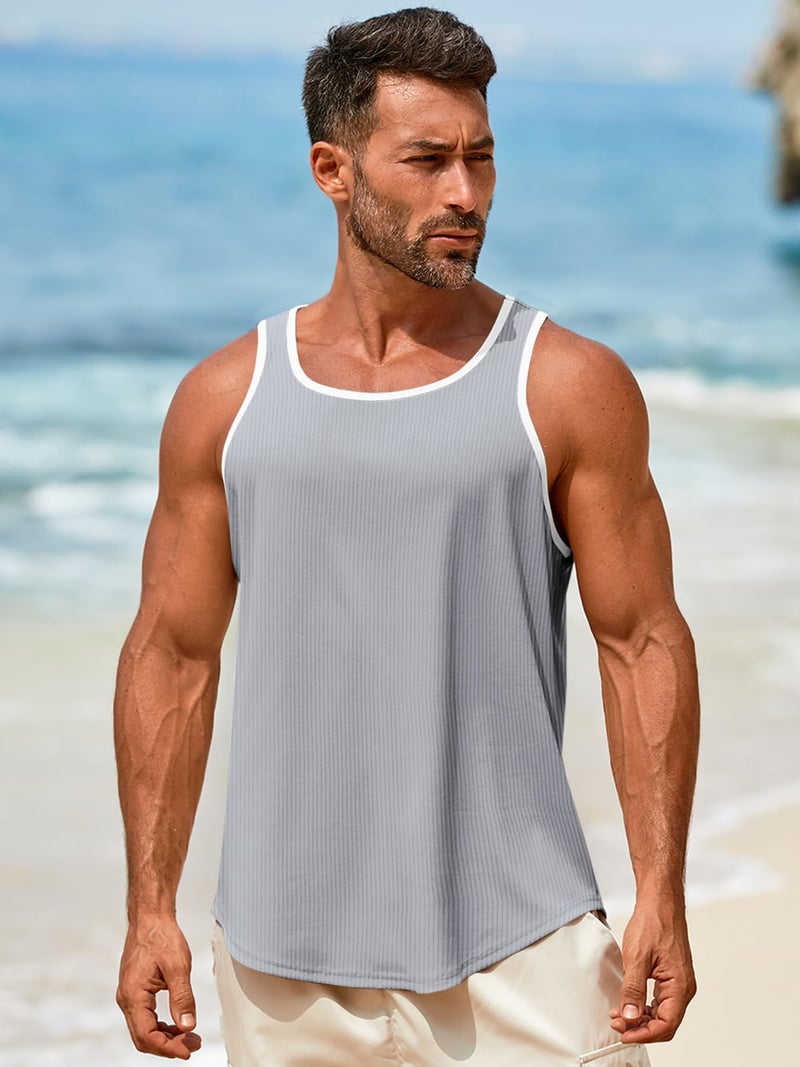 Runcati Mens Sleeveless Tank Tops Workout Muscle Gym Knitted Shirt Athletic Bodybuilding Slim Fit Ribbed T Shirts Gray - Image 3