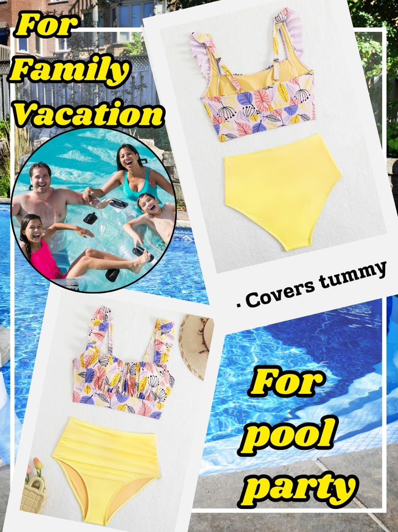 EHSUYAB Women 2 Piece High Waisted Bikini Set, Floral Ruffle Tummy Control Swimsuit, Ruched Modest Full Coverage Bathing Suit Light Yellow Small - Image 5