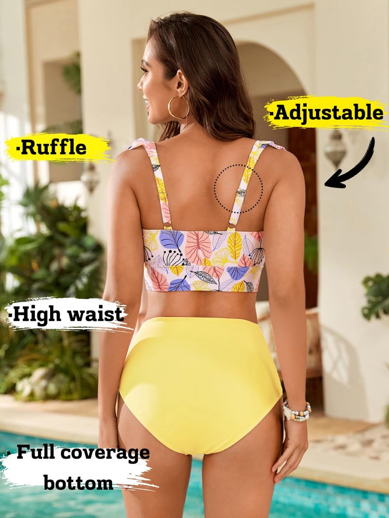 EHSUYAB Women 2 Piece High Waisted Bikini Set, Floral Ruffle Tummy Control Swimsuit, Ruched Modest Full Coverage Bathing Suit Light Yellow Small - Image 4