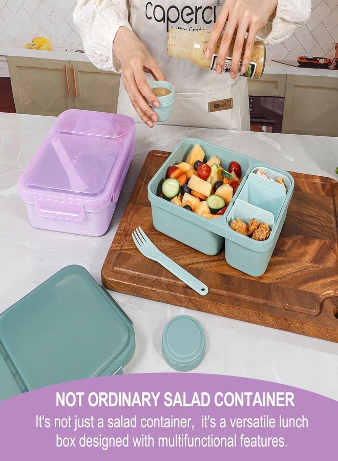 Caperci 2 Pack Salad Container for Lunch - 62 oz Large Bento Lunch Box for Adults, 2-Compartment Meal Prep Container with Removable Toppings Tray, Sauce Cup, Reusable Fork, BPA-Free (Purple & Green) - Image 2