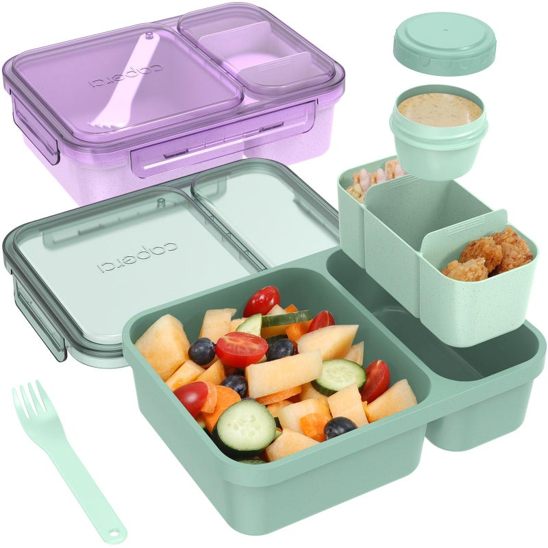 Caperci 2 Pack Salad Container for Lunch - 62 oz Large Bento Lunch Box for Adults, 2-Compartment Meal Prep Container with Removable Toppings Tray, Sauce Cup, Reusable Fork, BPA-Free (Purple & Green) - Image 1