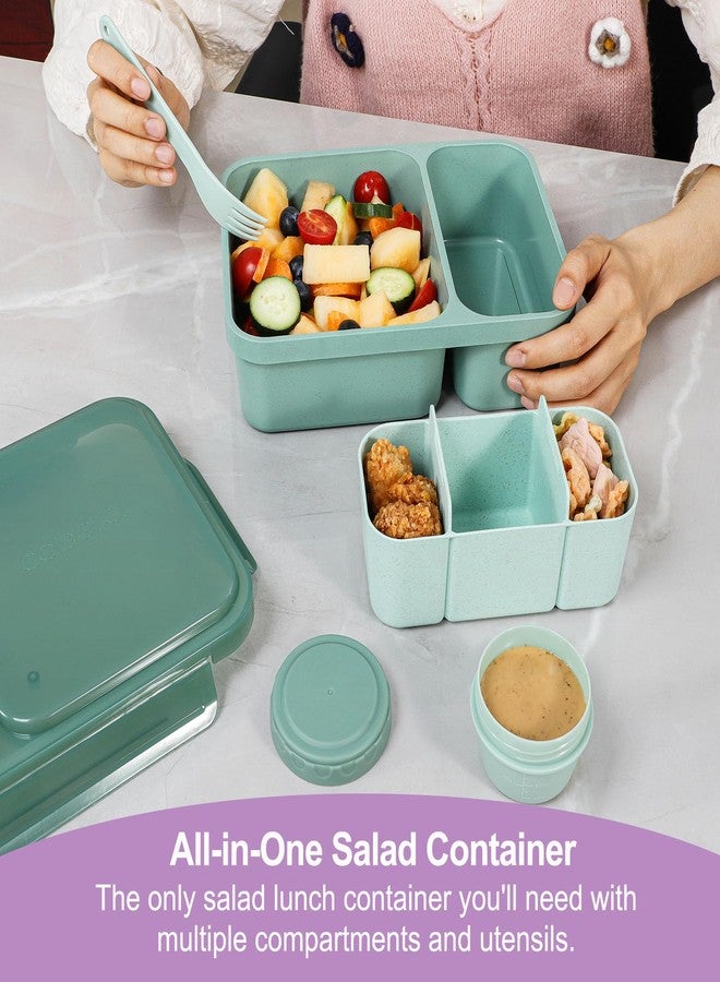 Caperci 2 Pack Salad Container for Lunch - 62 oz Large Bento Lunch Box for Adults, 2-Compartment Meal Prep Container with Removable Toppings Tray, Sauce Cup, Reusable Fork, BPA-Free (Purple & Green) - Image 3