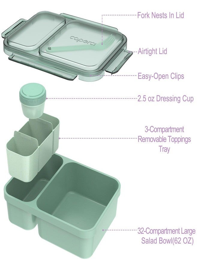 Caperci 2 Pack Salad Container for Lunch - 62 oz Large Bento Lunch Box for Adults, 2-Compartment Meal Prep Container with Removable Toppings Tray, Sauce Cup, Reusable Fork, BPA-Free (Purple & Green) - Image 4