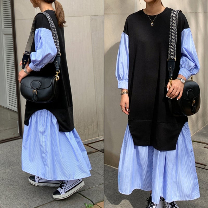Autumn 2022 Long Sleeve Large Size Womens Wear Crewneck Knitted Stitching Striped Shirt Sleeve Dress Fake Two-piece Long Dress Black