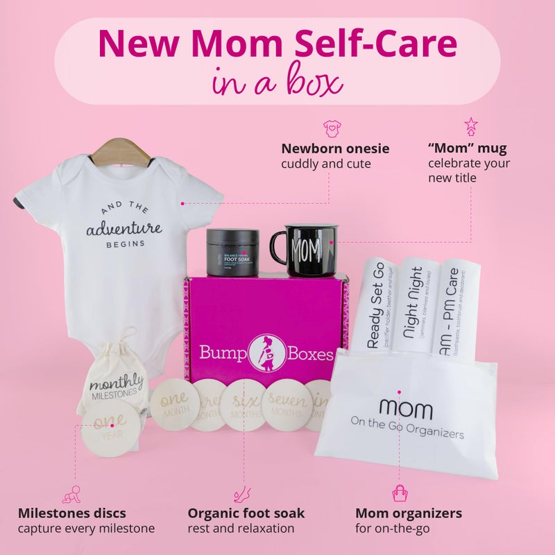 Bump Boxes 3rd Trimester & Postpartum Gift Set for New Moms with Milestone Disc, Baby Onesie, Travel Bags, Ceramic Mug, Organic Foot Soak, Gift for Mother to Be - Image 2
