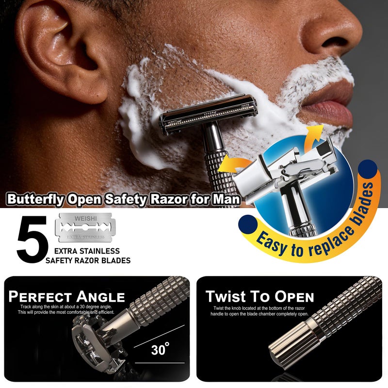 WEISHI Butterfly Open Double Edge Safety Razor for Men, Nostalgic Long Handle with 5 Stainless Razor Blades, Reusable Wet Shave Tool for Smooth, Close Shave - Image 2