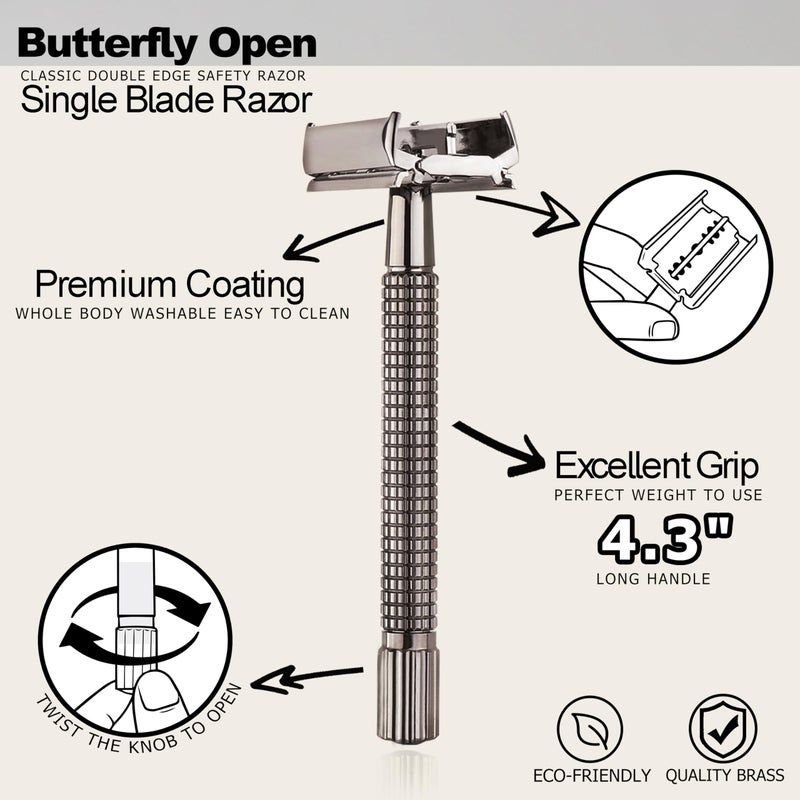 WEISHI Butterfly Open Double Edge Safety Razor for Men, Nostalgic Long Handle with 5 Stainless Razor Blades, Reusable Wet Shave Tool for Smooth, Close Shave - Image 3