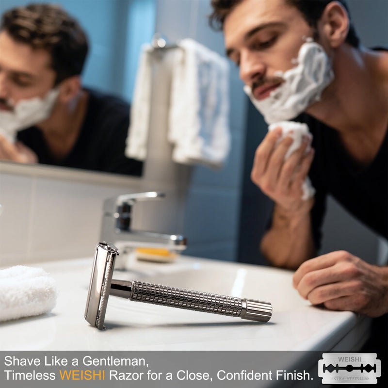 WEISHI Butterfly Open Double Edge Safety Razor for Men, Nostalgic Long Handle with 5 Stainless Razor Blades, Reusable Wet Shave Tool for Smooth, Close Shave - Image 4