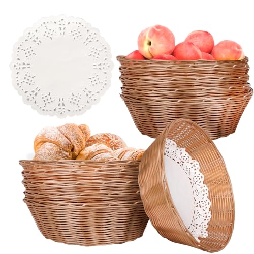 Yimerlen 8 Pcs Round Large Plastic Bread Basket, Wicker Basket for Serving 10 x10 x3.3 Inch Woven Food Storage Basket, - Image 2