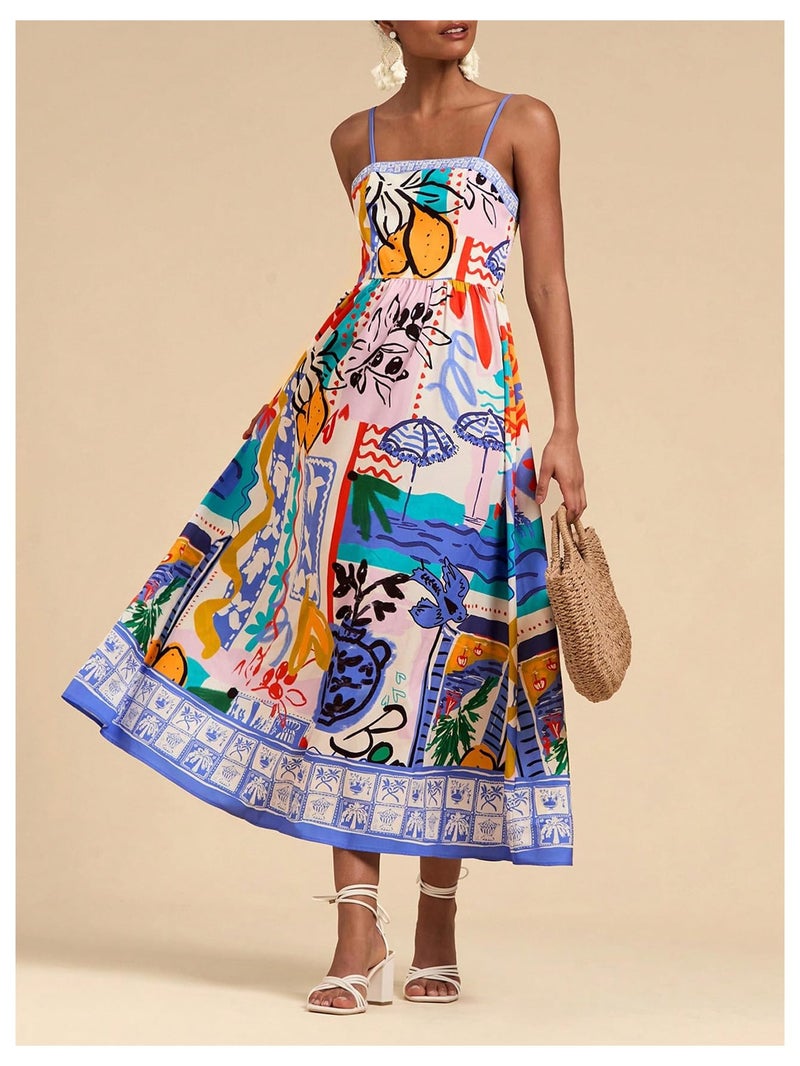 WDIRARA Women's Boho Floral Sleeveless Ruffle Maxi Dress Tropical Graphic Tie Shoulder Smocked Cami Dresses Multicolor Purple Small - Image 3