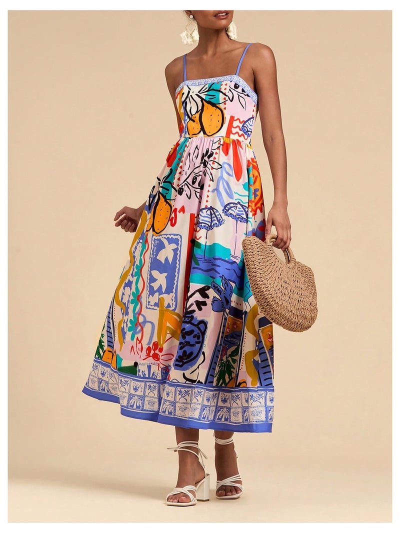 WDIRARA Women's Boho Floral Sleeveless Ruffle Maxi Dress Tropical Graphic Tie Shoulder Smocked Cami Dresses Multicolor Purple Small - Image 4