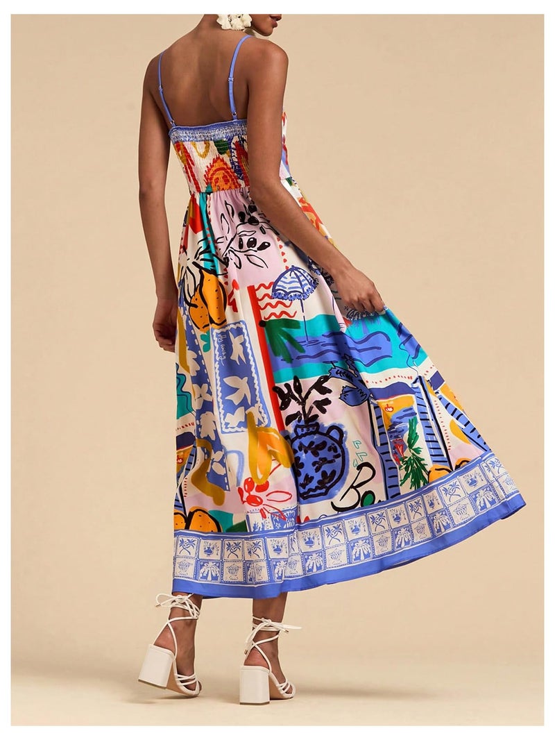 WDIRARA Women's Boho Floral Sleeveless Ruffle Maxi Dress Tropical Graphic Tie Shoulder Smocked Cami Dresses Multicolor Purple Small - Image 2