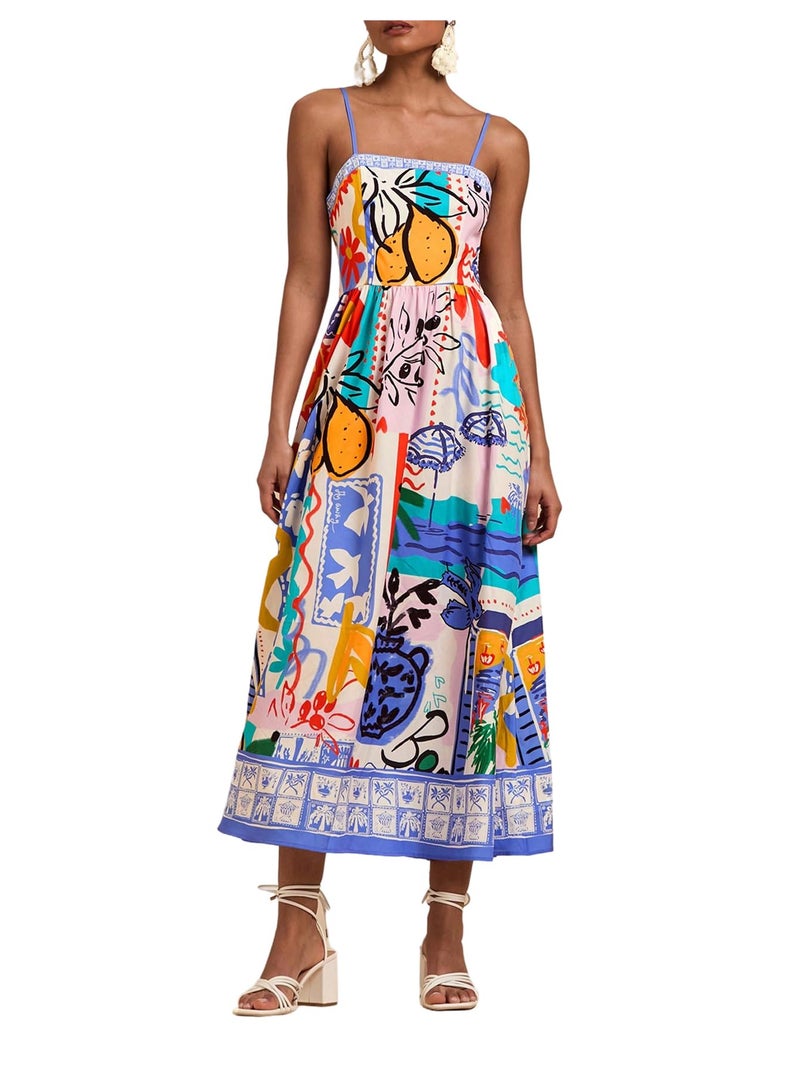 WDIRARA Women's Boho Floral Sleeveless Ruffle Maxi Dress Tropical Graphic Tie Shoulder Smocked Cami Dresses Multicolor Purple Small - Image 1