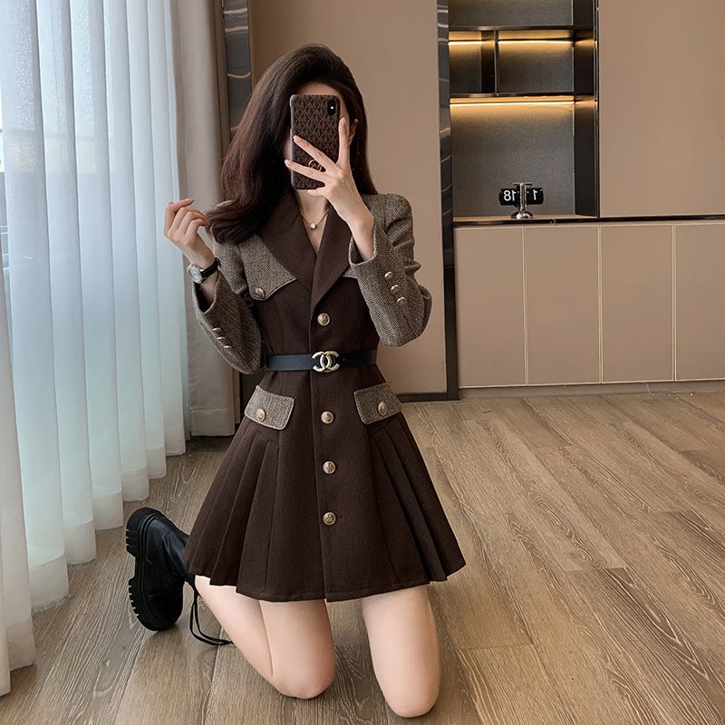 French Hepburn Style Pleated Skirt 2025 New Sense Long Sleeve Professional Suit dress Womens Spring Autumn and Winter Brown [with belt]