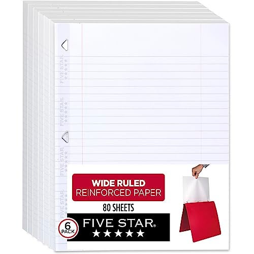 Five Star Loose Leaf Paper, 6 Pack, Notebook Paper, Wide Ruled Filler Paper, Reinforced, Fights Ink Bleed, 8 x 10.5, 80 Sheets per Pack (150025) - Image 1