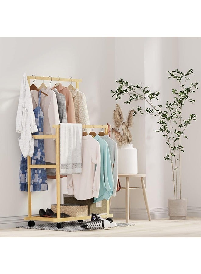 Bamboo Clothing Rail with Wheels  Mobile Double Hanging Clothes Rail Clothes Rack on Wheels Garment Rack Clothing Storage Rack with Bottom shelves for Bedroom Dressing Room  - Image 4