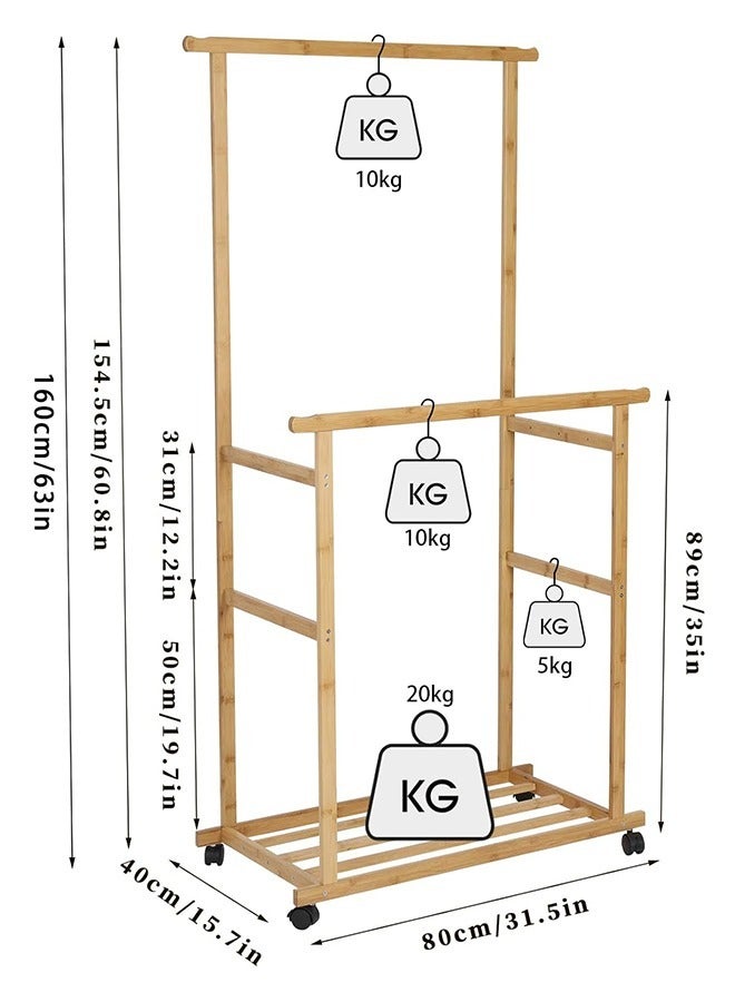 Bamboo Clothing Rail with Wheels  Mobile Double Hanging Clothes Rail Clothes Rack on Wheels Garment Rack Clothing Storage Rack with Bottom shelves for Bedroom Dressing Room  - Image 5