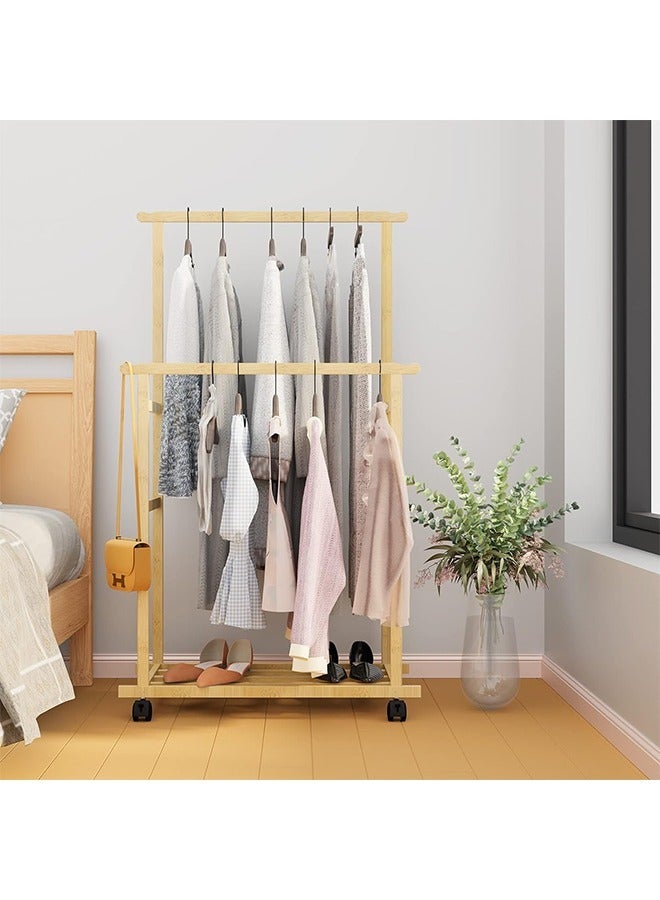 Bamboo Clothing Rail with Wheels  Mobile Double Hanging Clothes Rail Clothes Rack on Wheels Garment Rack Clothing Storage Rack with Bottom shelves for Bedroom Dressing Room  - Image 1