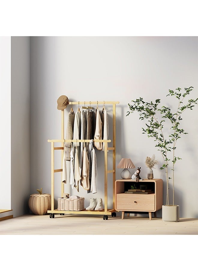 Bamboo Clothing Rail with Wheels  Mobile Double Hanging Clothes Rail Clothes Rack on Wheels Garment Rack Clothing Storage Rack with Bottom shelves for Bedroom Dressing Room  - Image 3