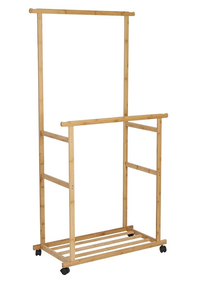 Bamboo Clothing Rail with Wheels  Mobile Double Hanging Clothes Rail Clothes Rack on Wheels Garment Rack Clothing Storage Rack with Bottom shelves for Bedroom Dressing Room  - Image 2