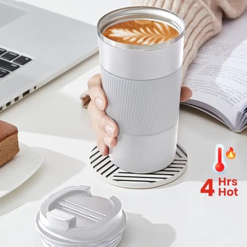 Giftana Coffee Tumbler Mug 510ml, Vacuum Insulated Coffee Cup with Leakproof Lid, Travel Coffee Mug, Non-Slip Protective Cover,Birthday Gifts for Men, Secret Santa Gifts (White) - Image 4