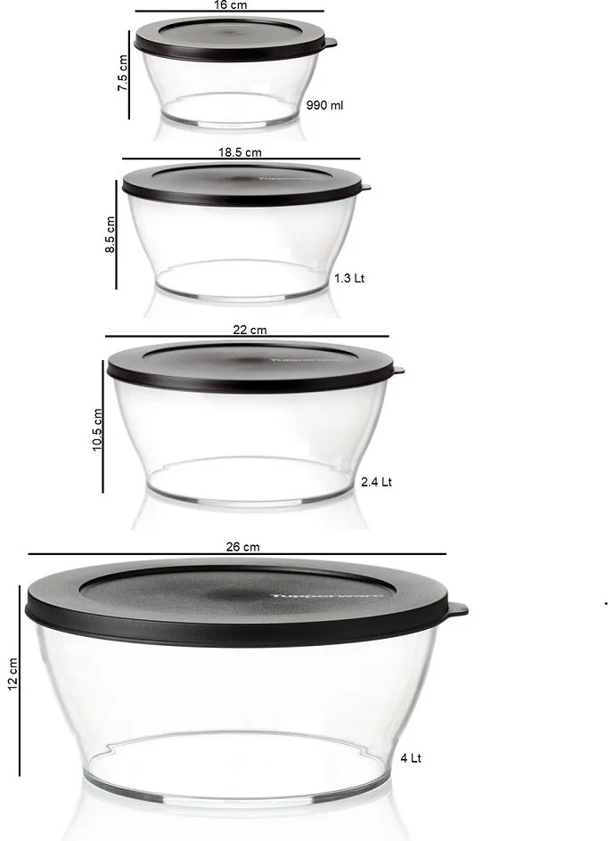 Tupperware Royal Set of 4 Black 990-1.3-2.4-4LT Storage Service Container