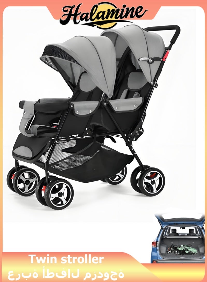 هالامين عربة أطفال مزدوجة سهلة الطي – مدمجة وخفيفة الوزن، مناسبة للأطفال من عمر 0 شهر فما فوق، حتى 15 كجم لكل مقعد – أسود ورمادي منقّط - Image 1