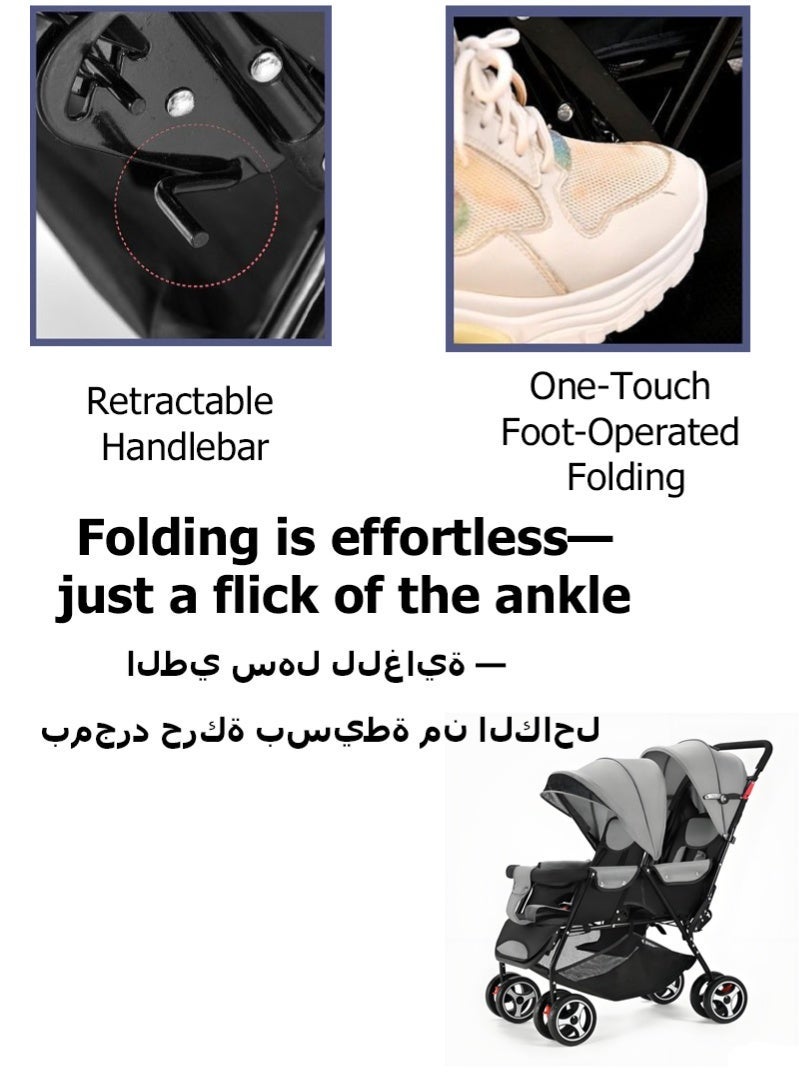 هالامين عربة أطفال مزدوجة سهلة الطي – مدمجة وخفيفة الوزن، مناسبة للأطفال من عمر 0 شهر فما فوق، حتى 15 كجم لكل مقعد – أسود ورمادي منقّط - Image 3